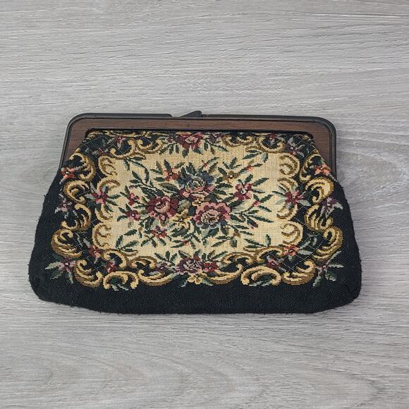 Vintage Tapestry Embroidered Clutch Black Floral Rose Kiss Closure - Picture 1 of 7